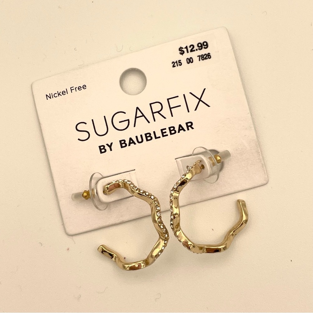 NWT Sugar Fix Wavy Squiggle Crystal Gold Hoop Pierced Earrings